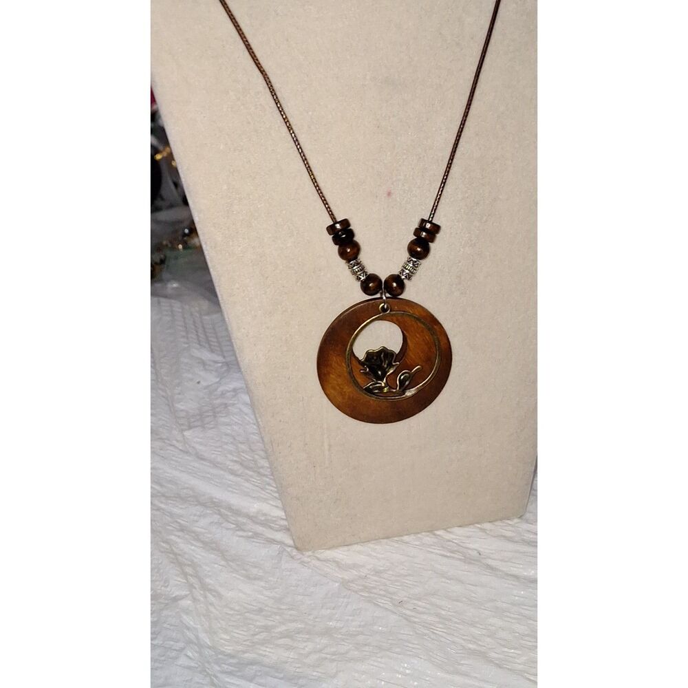 Retro Ethnic Style Wooden Disc Necklace Rose Motif Sweater Length On Cord